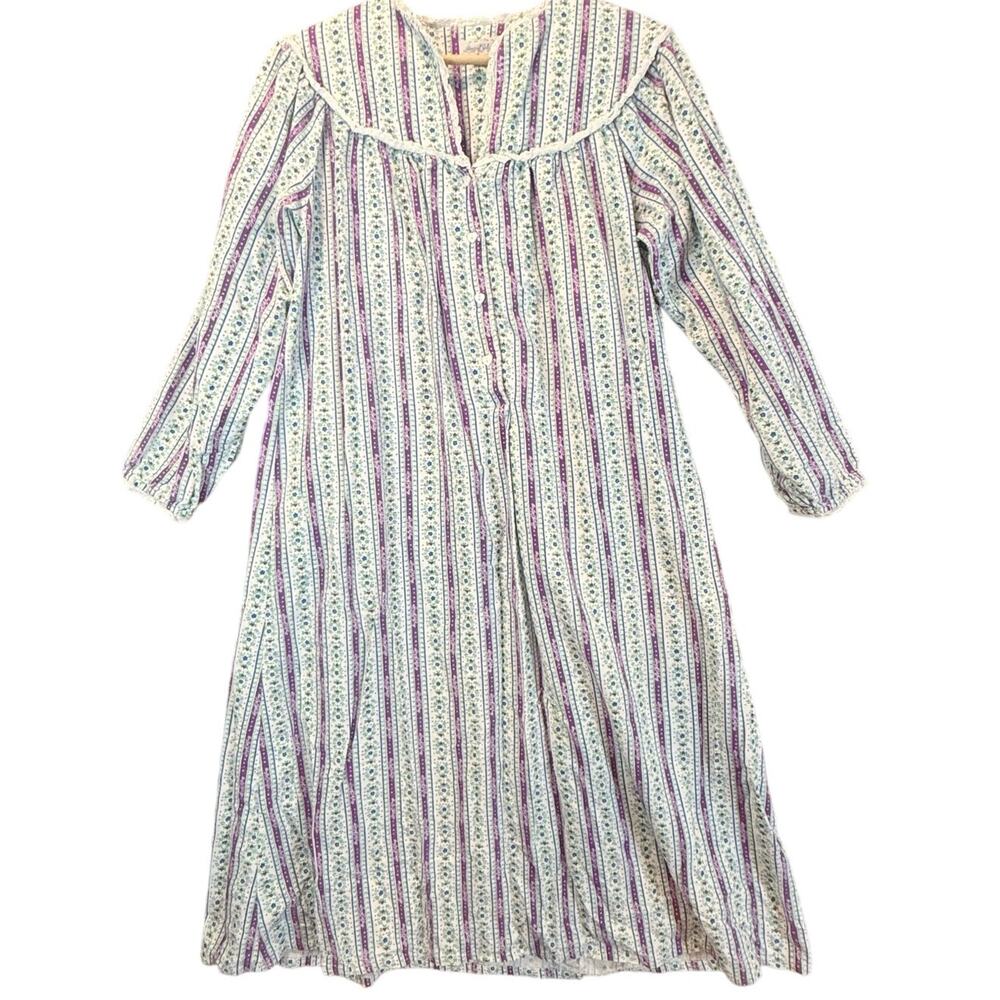 Lanz of Salzburg Vintage Flannel Nightgown Purple Floral Stripe S Small